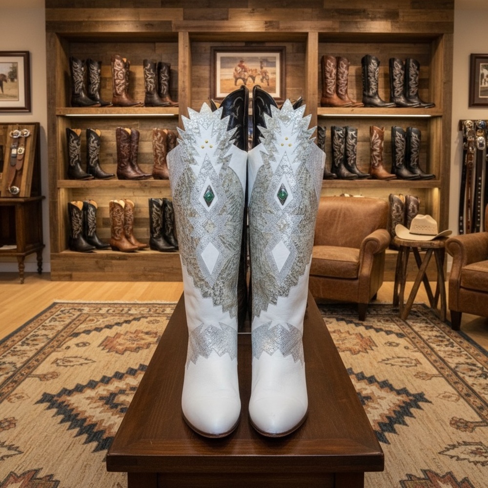 🌟 RARE Vintage Neiman Marcus White Western Tall Leather Boots Metallic sz 37.5 🌟